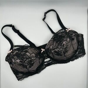 Cacique 42DD Black Lace Unlined Curvy Balconette Bra Pink Bows Strappy Detail